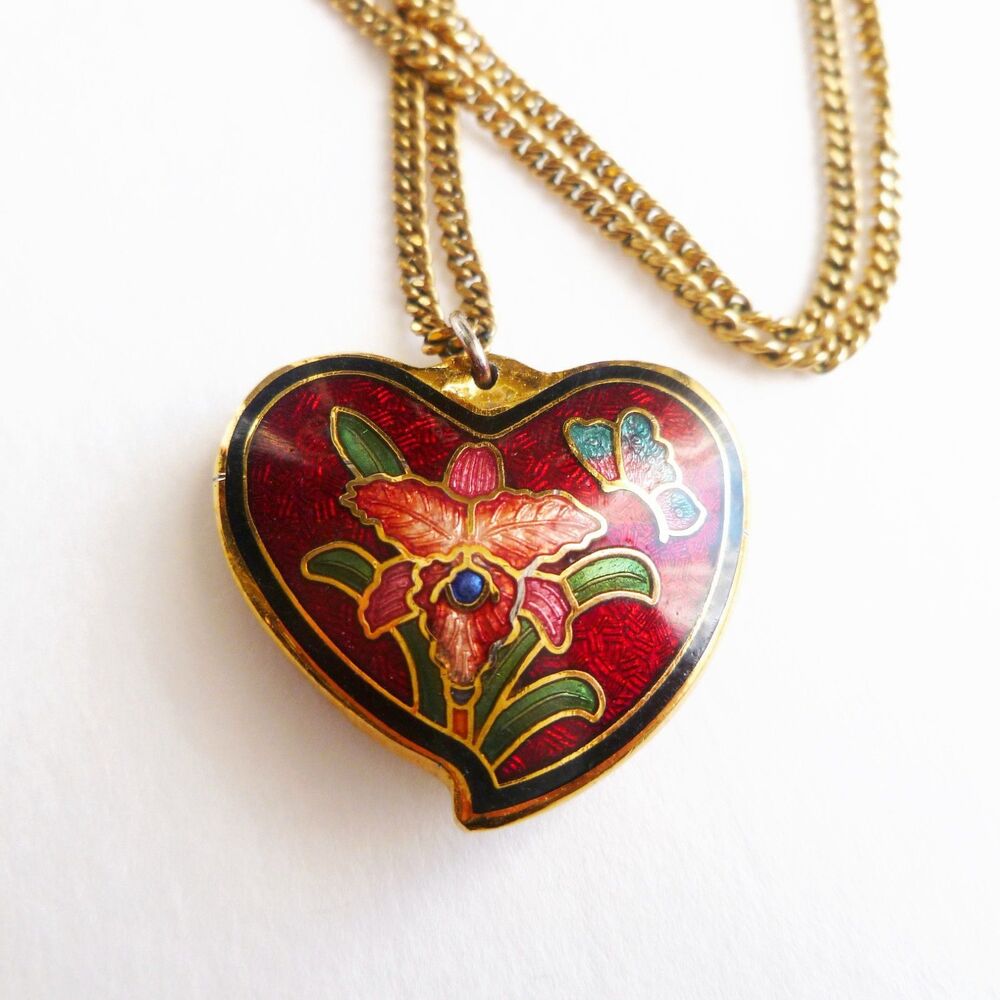 RED HEART Pendant Necklace VINTAGE Flower Butterfly Cloisonne 12KGF 1/20 Gold